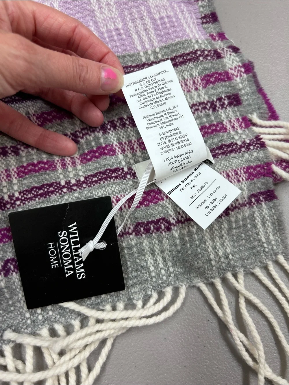 Williams Sonoma Home Checked Stripe Jacquard Wool Throw 51 x 68 Pink Purple NWT